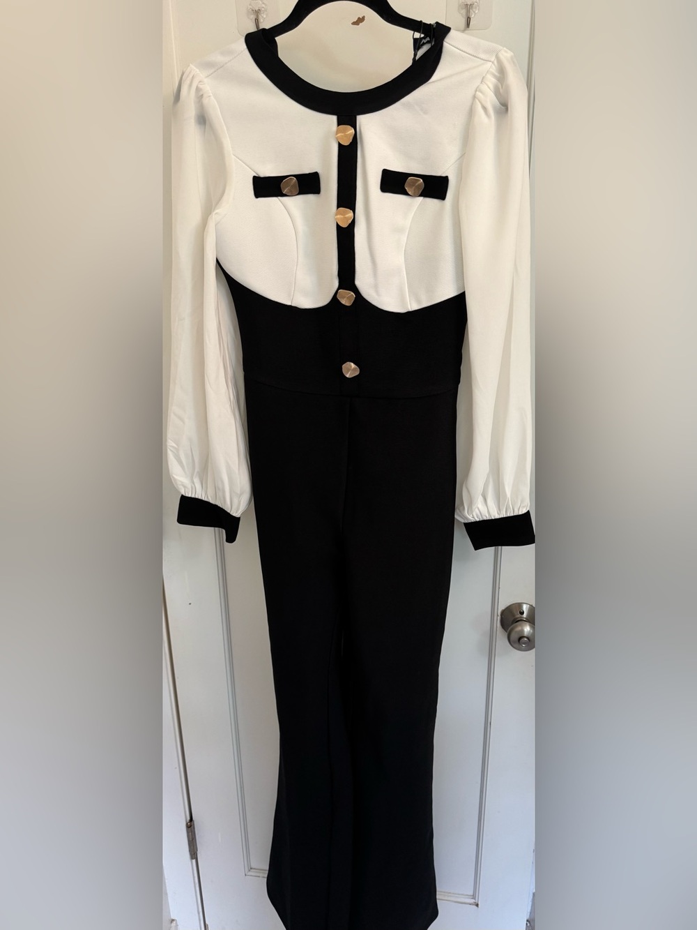NWT Fashion Nova Aida Bandage Jumpsuit Black White Gold Size L